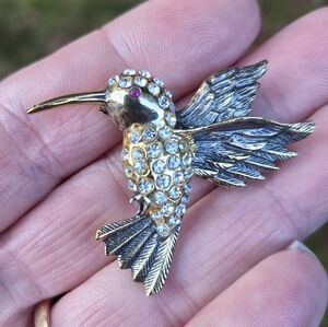 Gorham Sterling Hummingbird Brooch Pendant Vermeil Crystal Rhinestone